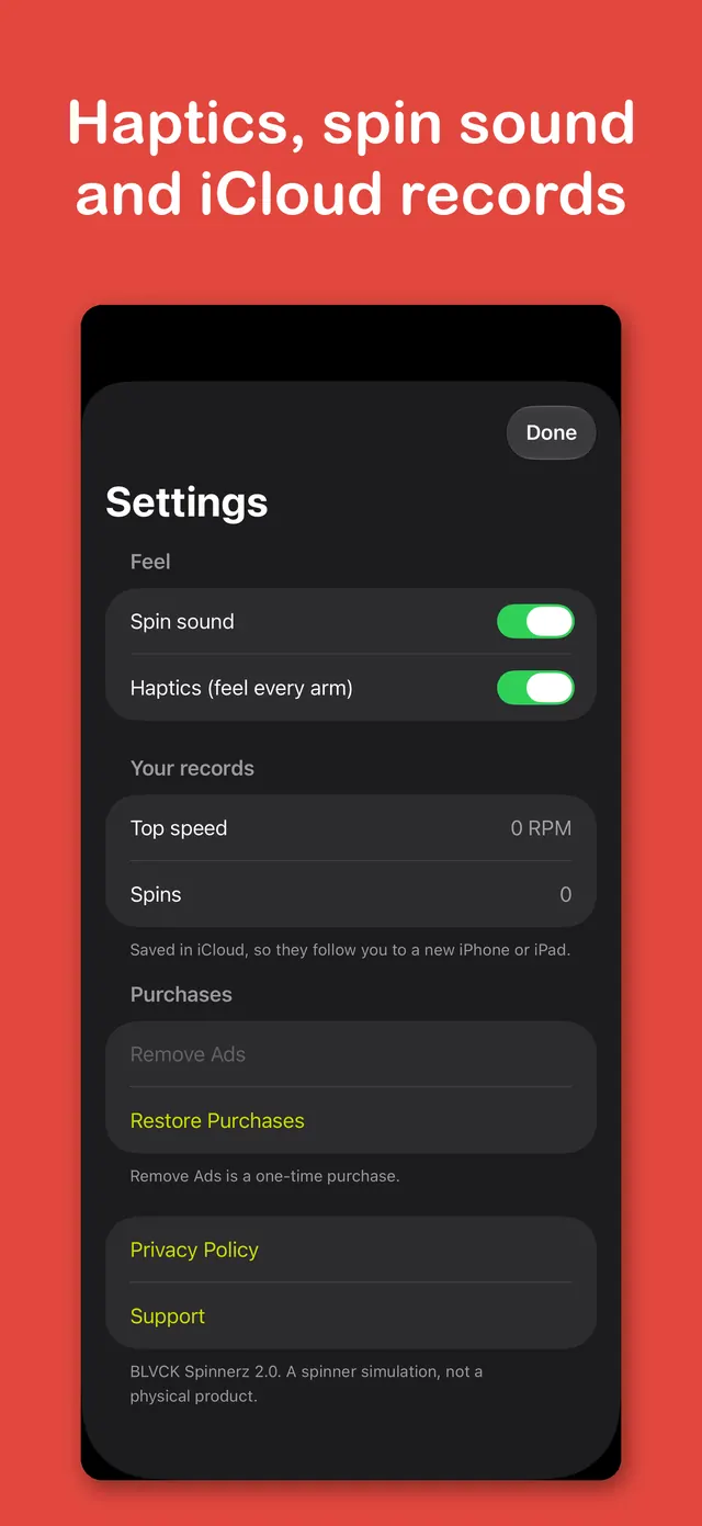 Settings with spin sound, haptics and records