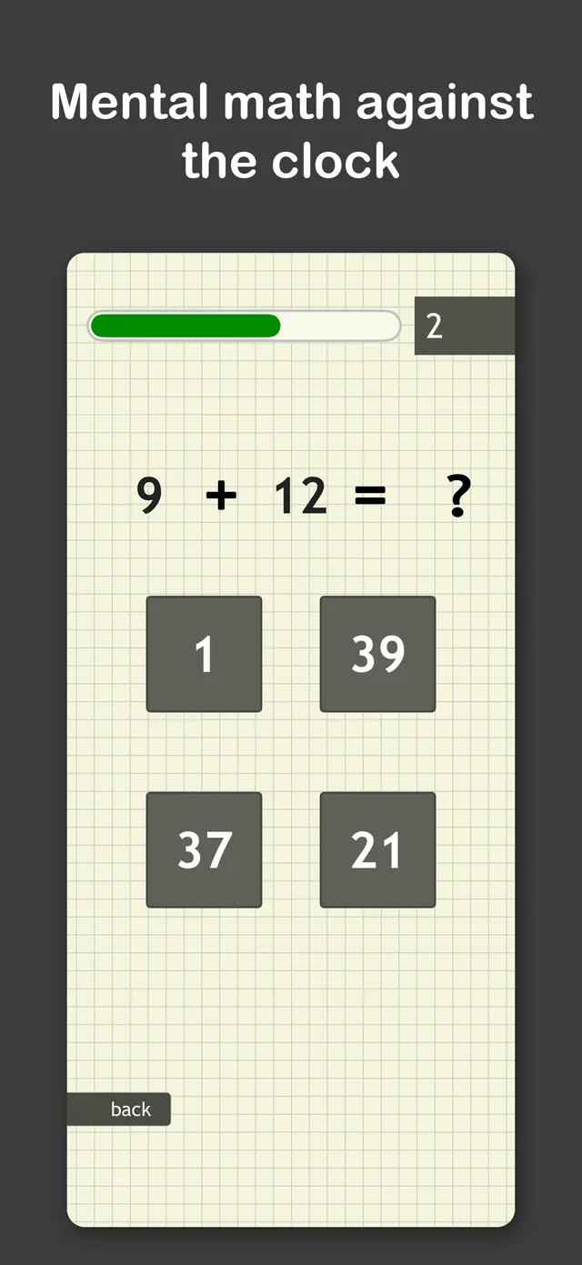 A timed addition question with four answers