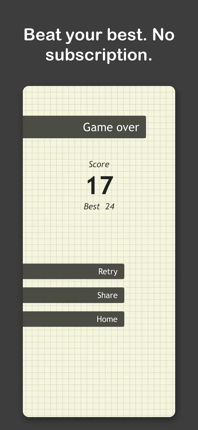 Game over with your score and best