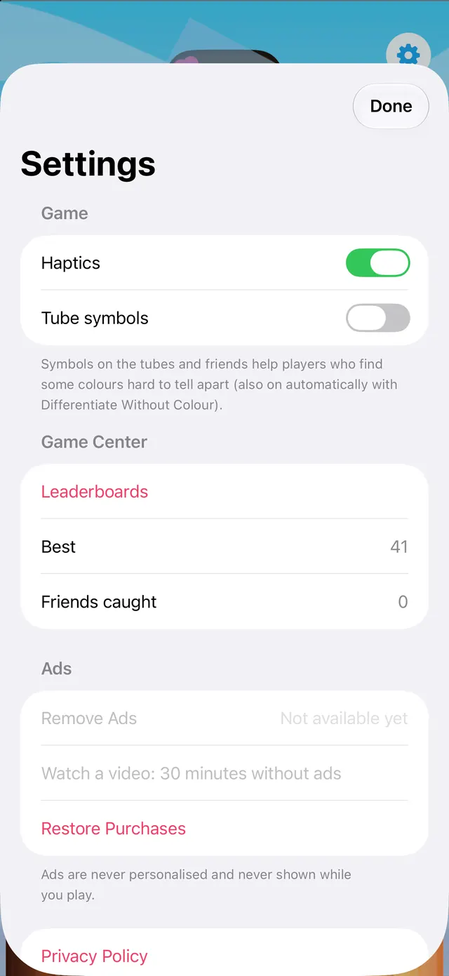 Settings with tube symbols for colour-blind players