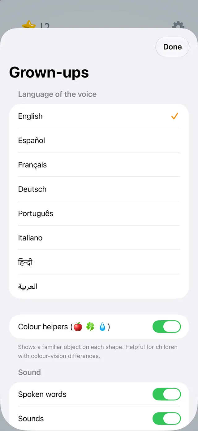 Grown-ups settings with eight voice languages