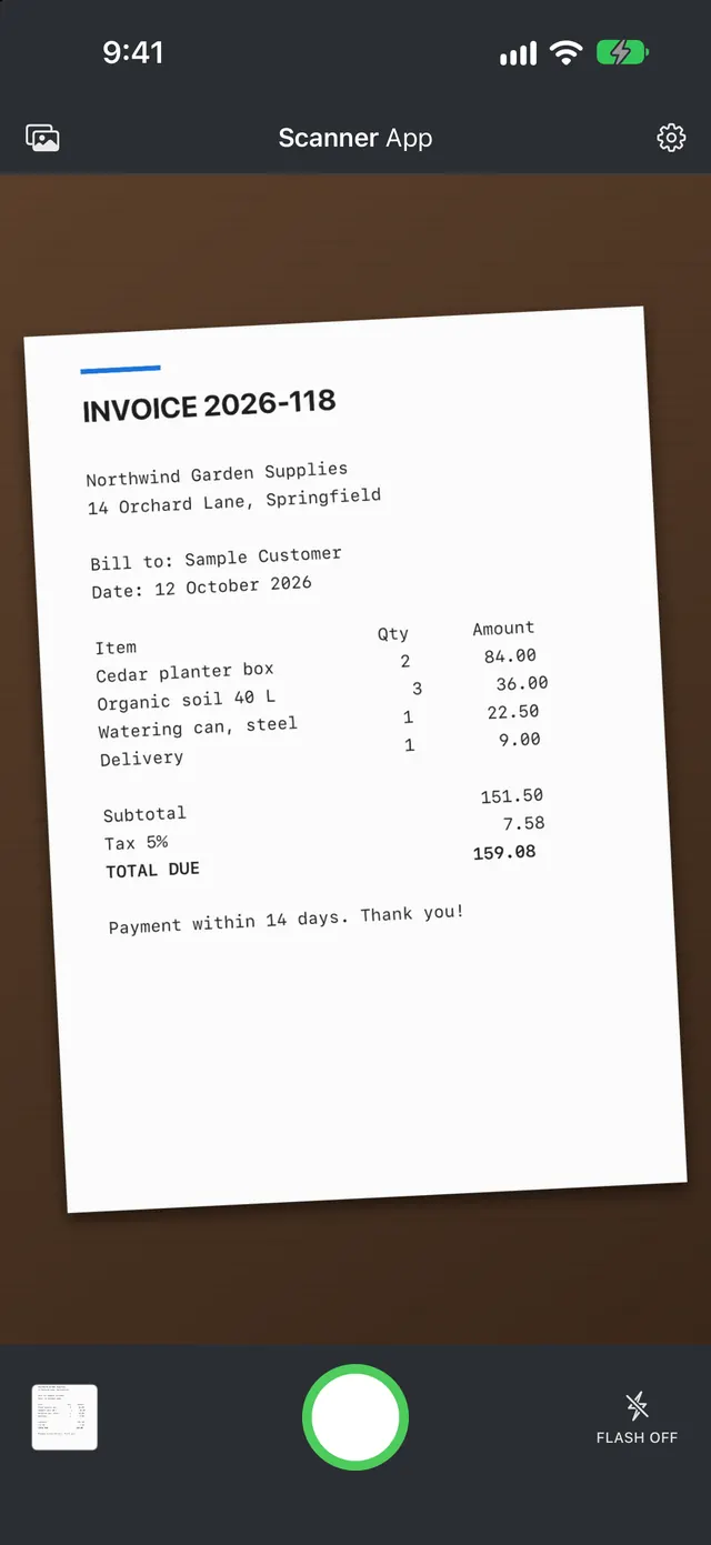 The camera finding the edges of an invoice