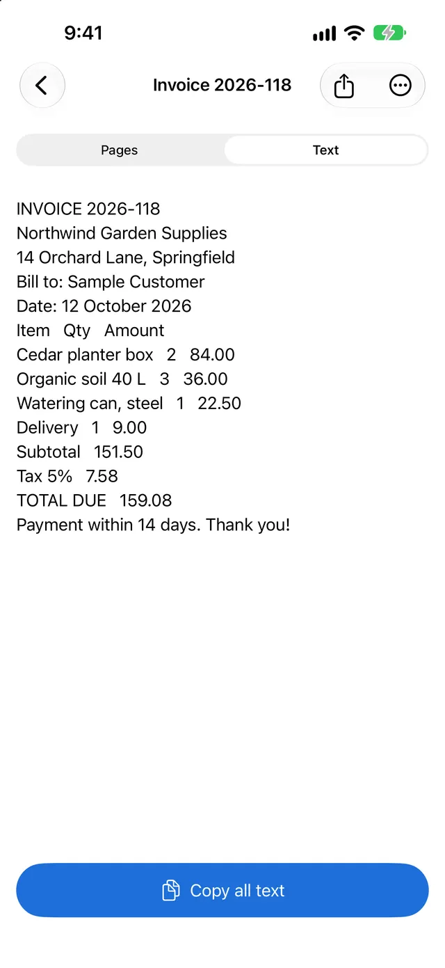 Text copied from a scanned invoice