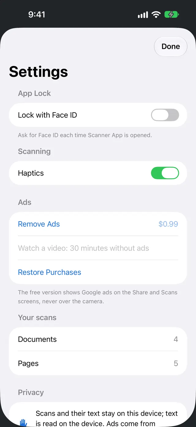 Settings with Face ID lock and Remove Ads