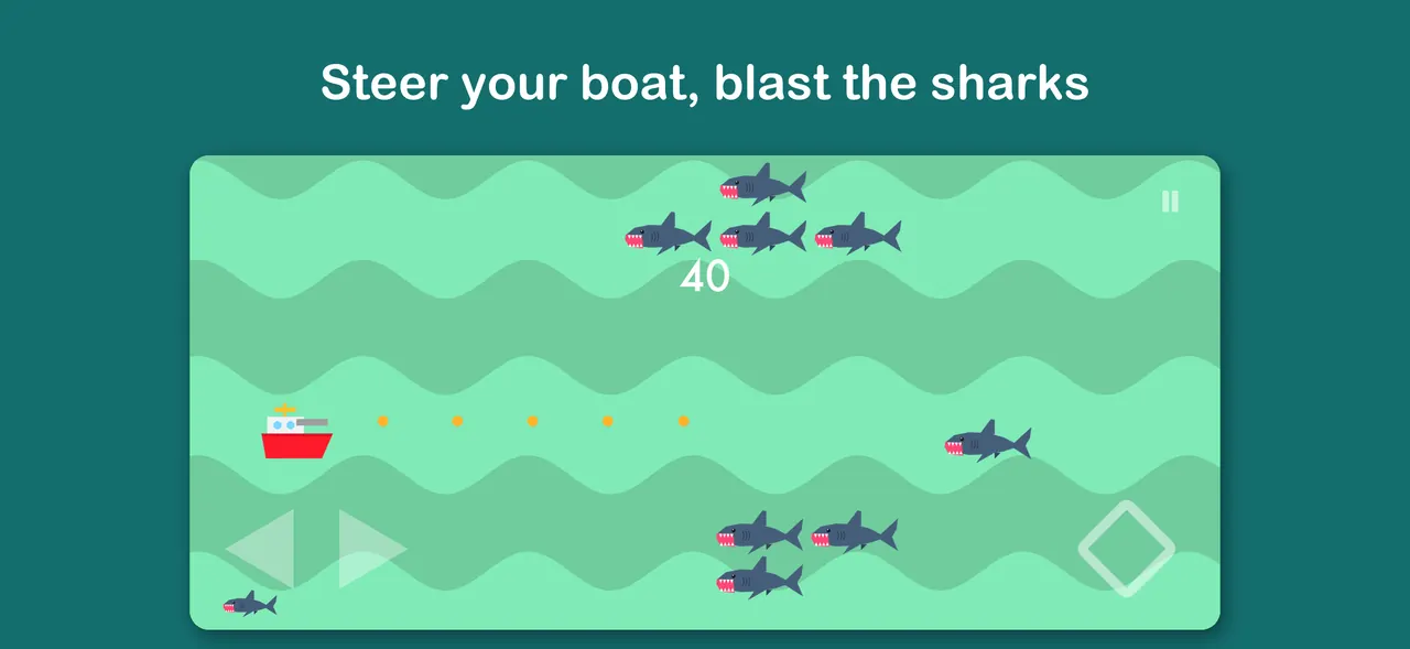 Steer the boat and fire at the sharks